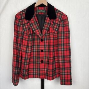 Embassy Row II Pure Wool Tartan Blazer Women's 18W Velvet Collar Festive Holiday